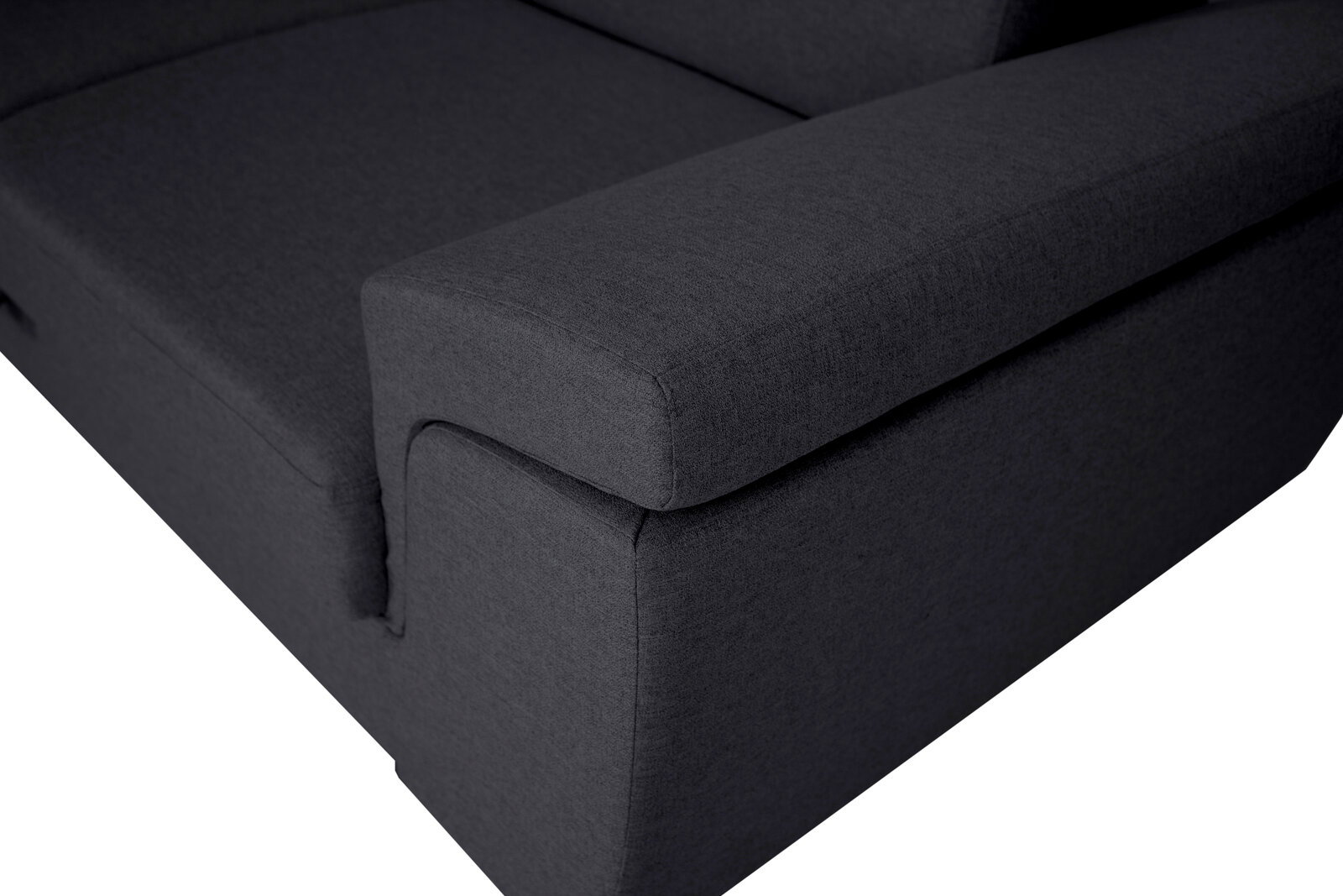 Nahaufnahme einer dunkelgrauen Rundecke mit Armlehne, Perspektive von oben.