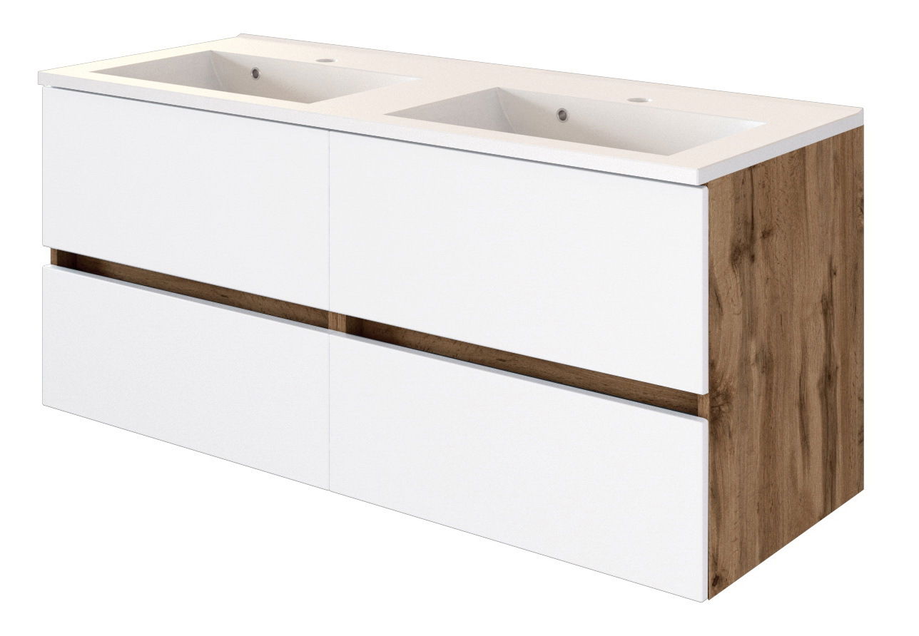 XORA Waschplatz LUCCA Moderner Doppelwaschtisch mit weißer Front und Holzseitenansicht, perspektivisch von vorne links betrachtet.