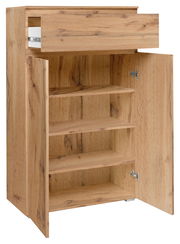 Holzkommode mit geöffneter Schublade und Türen, zeigt mehrere Regalböden, Perspektive von vorne