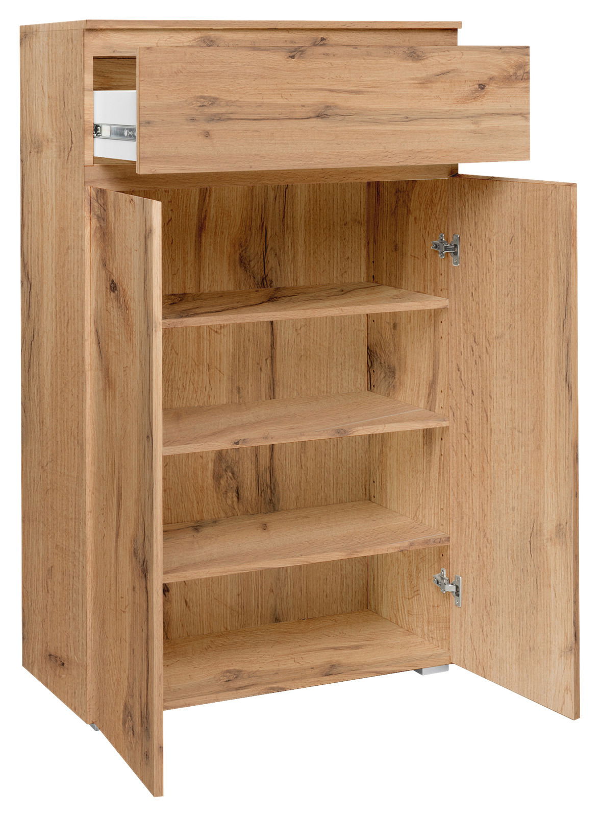 Holzkommode mit geöffneter Schublade und Türen, zeigt mehrere Regalböden, Perspektive von vorne