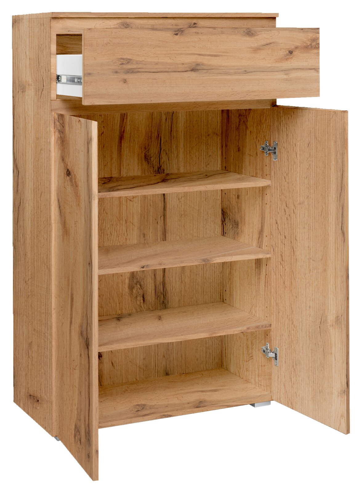 Holzkommode mit geöffneter Schublade und Türen, zeigt mehrere Regalböden, Perspektive von vorne
