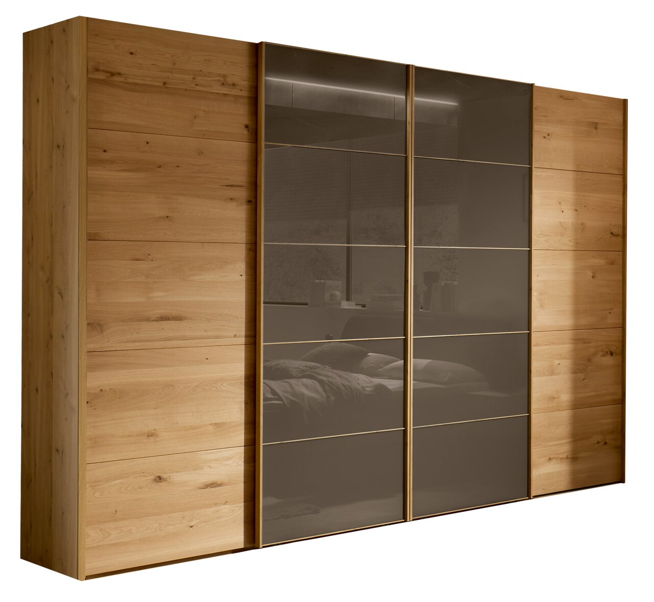 Schwebetürenschrank 4-türig in Holzoptik mit zwei spiegelnden Glastüren, seitliche Perspektive
