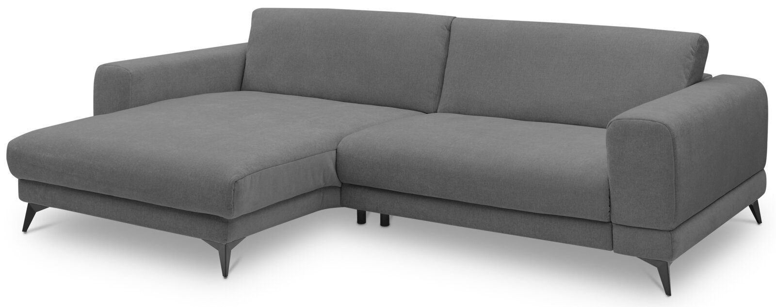 Set one by Musterring Ecksofa SET ONE MIDLAND Graues L-förmiges Ecksofa mit Recamiere links, zwei Sitzkissen, breiten Armlehnen und schwarzen konischen Metallfüßen, freigestellt auf weißem Hintergrund, Ansicht schräg von vorne rechts