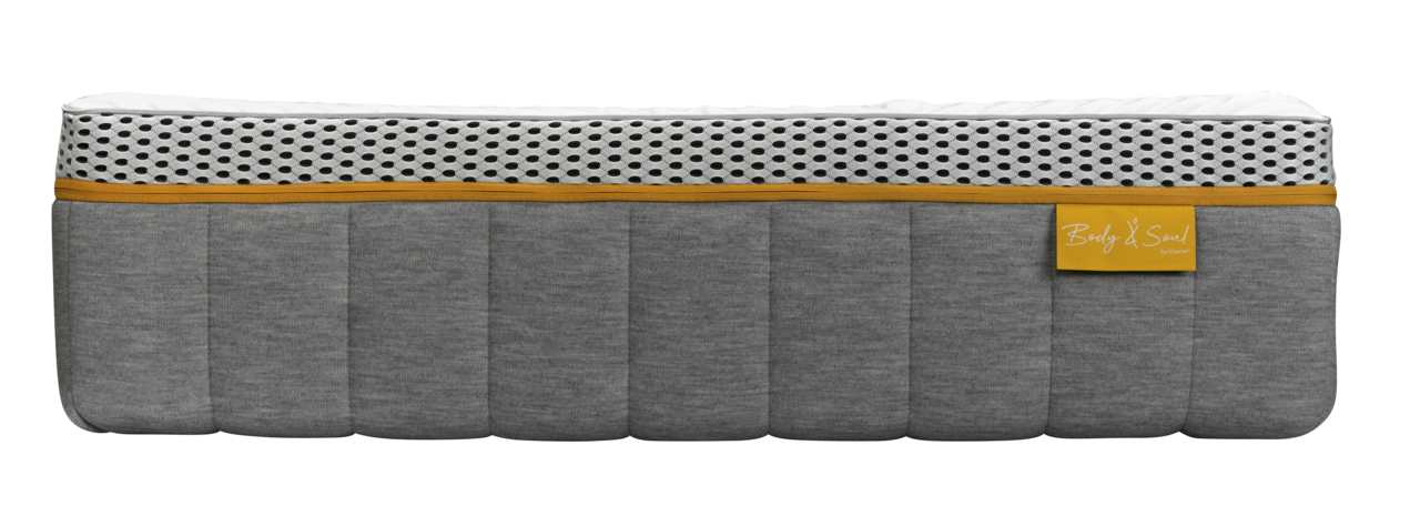 Seitenansicht einer grauen Matratze mit weißem und gelbem Akzent, Modell BODY&SOUL von irisette.