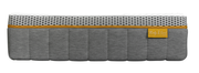 Seitenansicht einer grauen Matratze mit weißem und gelbem Akzent, Modell BODY&SOUL von irisette.
