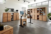 Moderne Büromöbel in einem hellen Raum mit großen Fenstern, bestehend aus einem höhenverstellbaren Schreibtisch und mehreren Aktenschränken aus Holz. Perspektive von vorne.