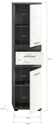 Hochschrank mit weißer Front und dunklem Korpus, Maße: 137 cm hoch, 35 cm tief, 31 cm breit, mit mehreren Fächern und einer Schublade, Frontalansicht.
