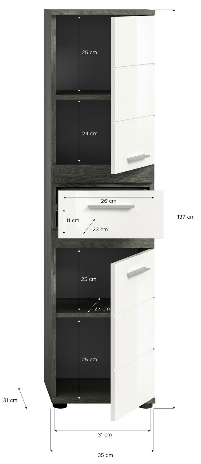 Hochschrank mit weißer Front und dunklem Korpus, Maße: 137 cm hoch, 35 cm tief, 31 cm breit, mit mehreren Fächern und einer Schublade, Frontalansicht.