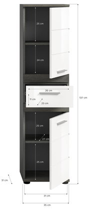 Hochschrank mit weißer Front und dunklem Korpus, Maße: 137 cm hoch, 35 cm tief, 31 cm breit, mit mehreren Fächern und einer Schublade, Frontalansicht.
