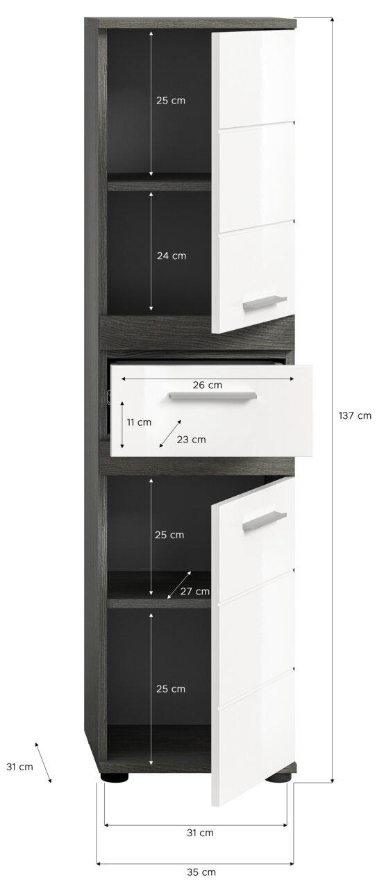 Hochschrank mit weißer Front und dunklem Korpus, Maße: 137 cm hoch, 35 cm tief, 31 cm breit, mit mehreren Fächern und einer Schublade, Frontalansicht.