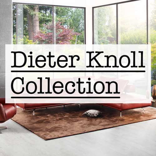 Stilvolles Wohnzimmer mit roter Ledercouch der Dieter Knoll Collection, bodentiefen Fenstern und modernem Design.