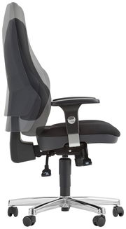 Moderner Drehsessel in Seitenansicht mit verstellbarer Rückenlehne und Armlehnen, auf einem stabilen, verchromten Fuß mit Rollen.