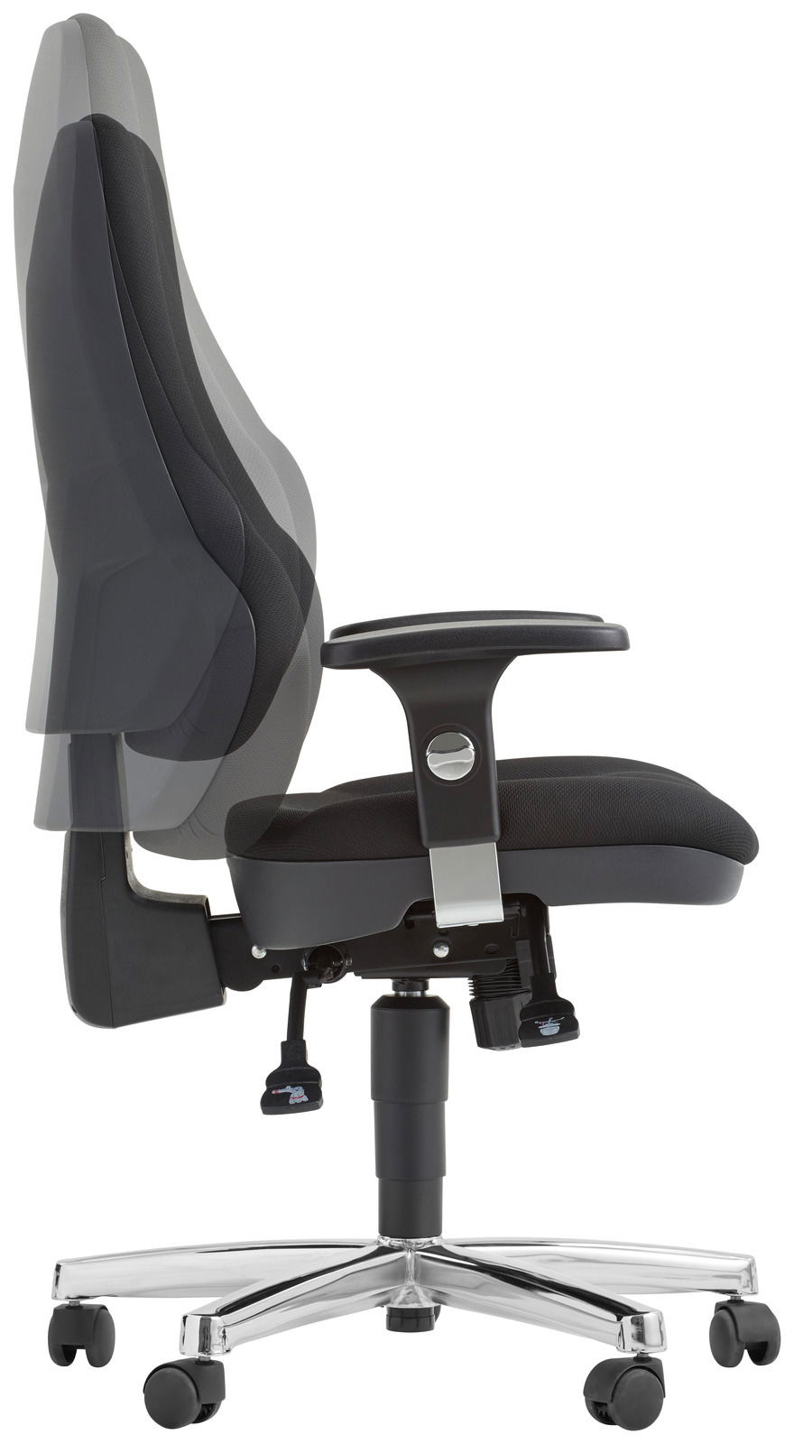 Moderner Drehsessel in Seitenansicht mit verstellbarer Rückenlehne und Armlehnen, auf einem stabilen, verchromten Fuß mit Rollen.