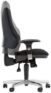 Moderner Drehsessel in Seitenansicht mit verstellbarer Rückenlehne und Armlehnen, auf einem stabilen, verchromten Fuß mit Rollen.