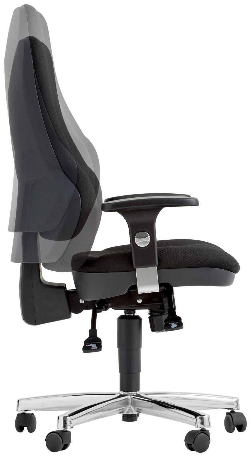 Moderner Drehsessel in Seitenansicht mit verstellbarer Rückenlehne und Armlehnen, auf einem stabilen, verchromten Fuß mit Rollen.