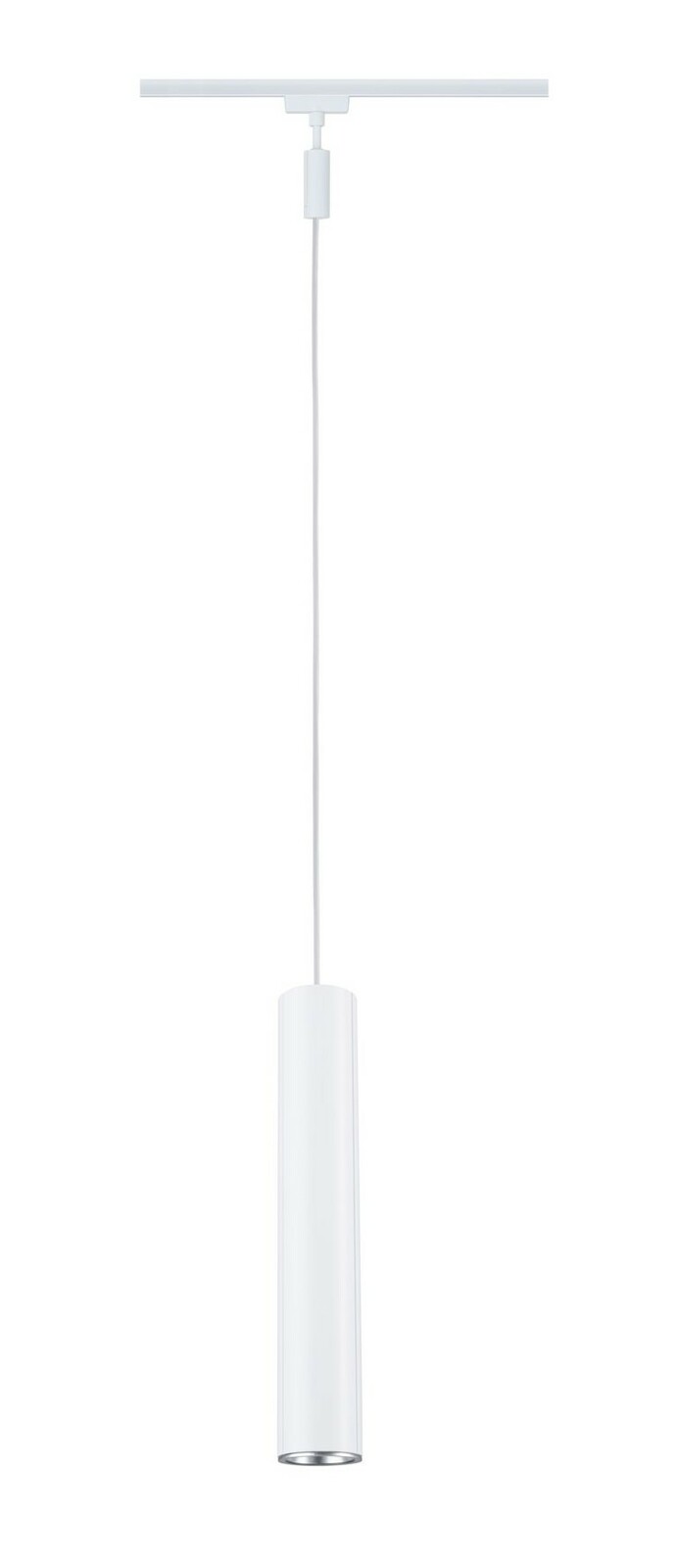 PAULMANN Schienenpendel Catalejo URAIL Weißes, zylindrisches Schienenpendel Catalejo von PAULMANN, hängend an einer URAIL-Schiene, seitliche Perspektive.