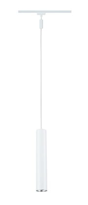 Weißes, zylindrisches Schienenpendel Catalejo von PAULMANN, hängend an einer URAIL-Schiene, seitliche Perspektive.