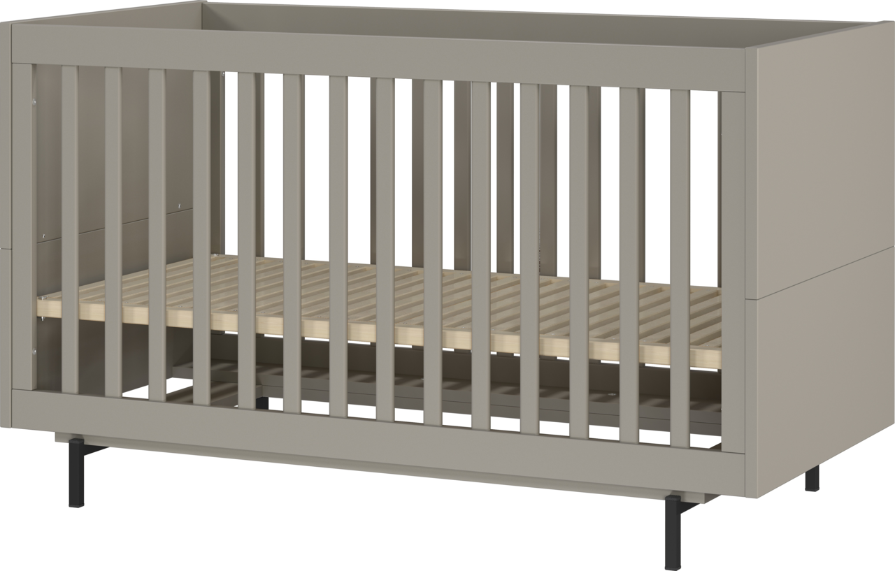 Graues Kinderbett aus Holz mit Gitterstäben, seitliche Perspektive
