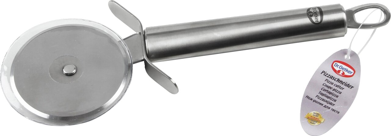 Pizzaroller aus Edelstahl mit scharfem Rad und ergonomischem Griff, seitliche Perspektive