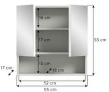 Spiegelschrank MID.YOU COPA mit zwei Türen, frontal abgebildet, Maße: 55 cm hoch, 55 cm breit, 17 cm tief.