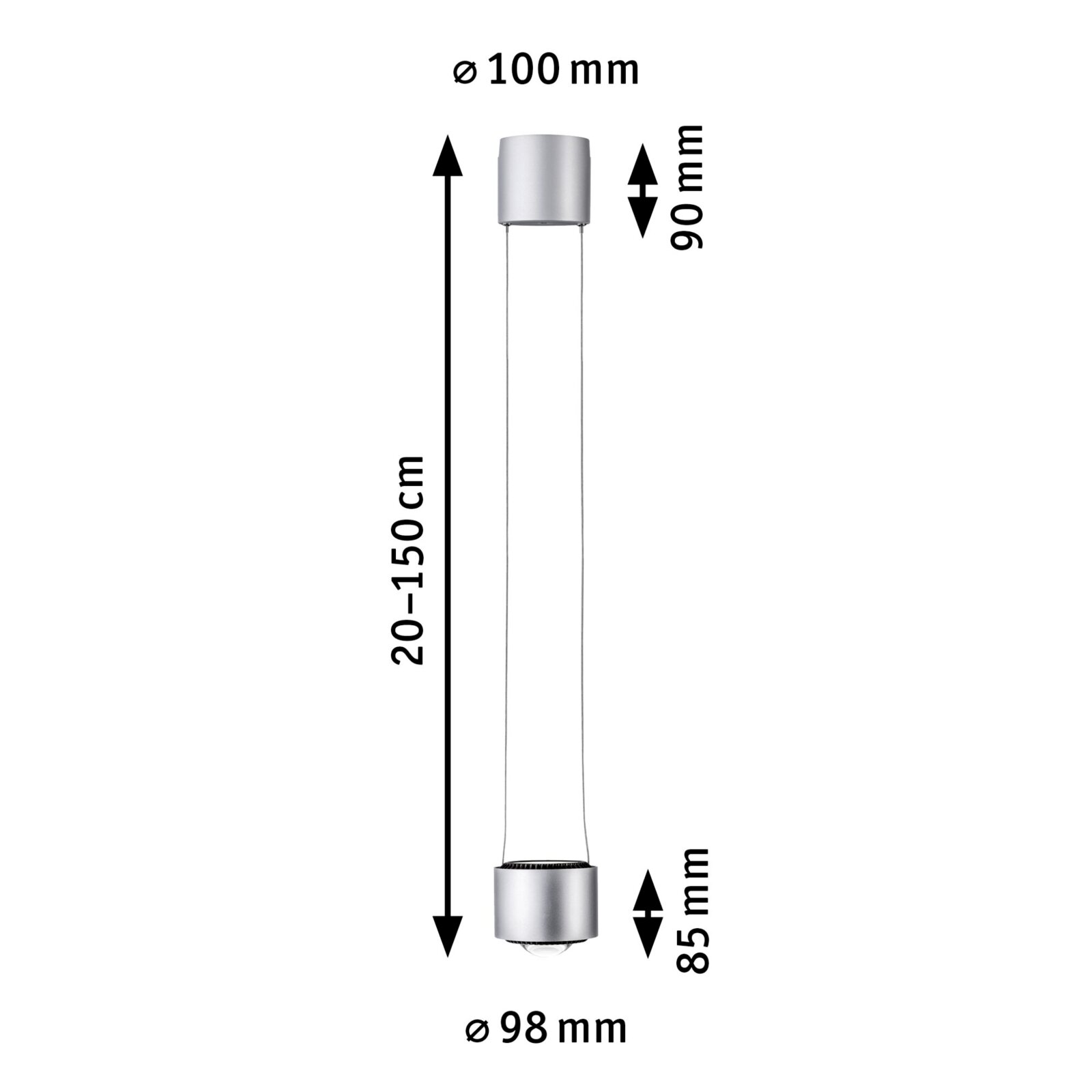Silbernes Schienenpendel Aldan von PAULMANN, zylindrische Form, hängend, mit verstellbarer Höhe von 20 bis 150 cm, seitliche Ansicht.