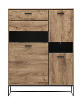 Frontale Ansicht einer modernen Wandkombination aus Holz mit mehreren Schubladen und Türen, auf einem Metallgestell.