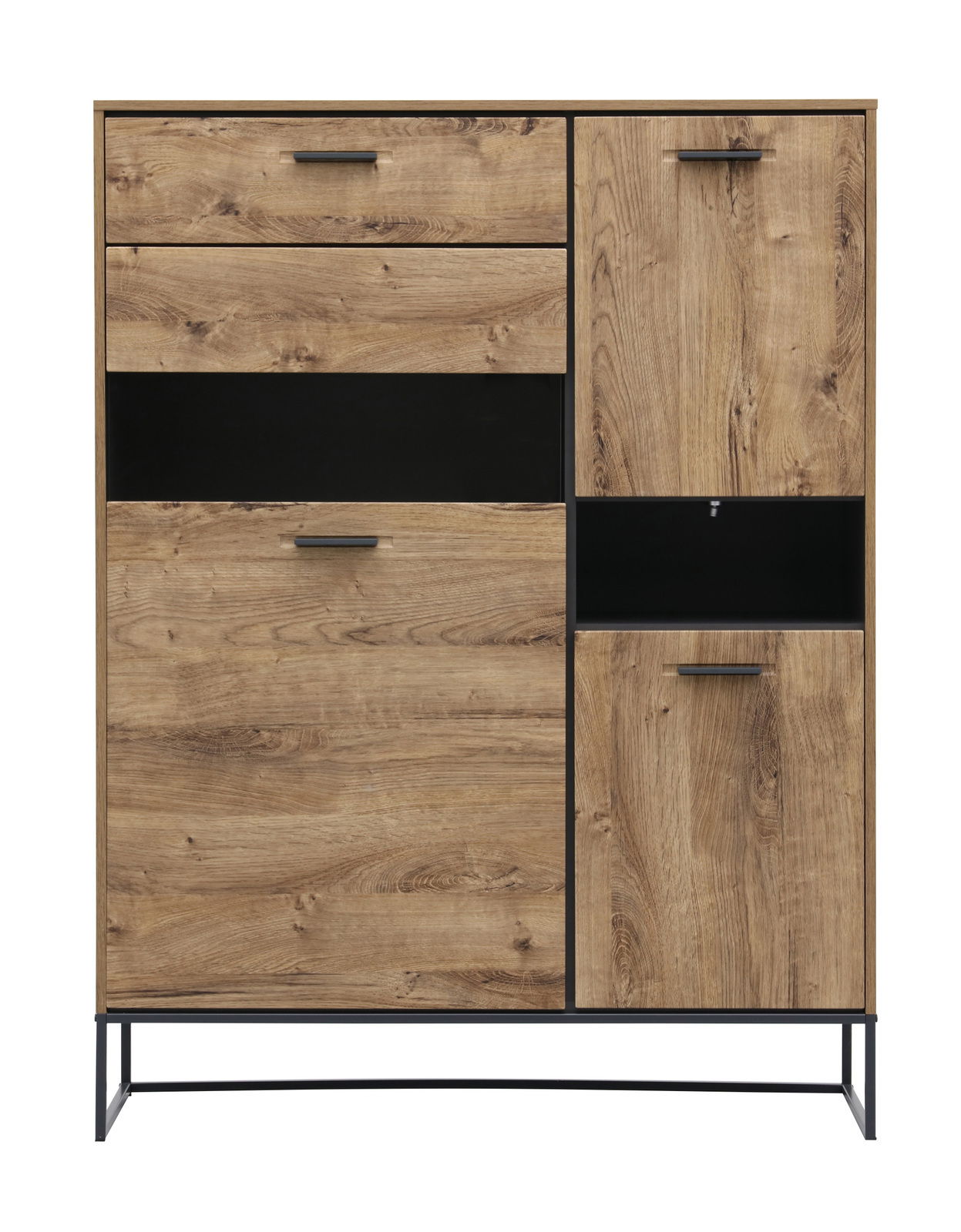 Frontale Ansicht einer modernen Wandkombination aus Holz mit mehreren Schubladen und Türen, auf einem Metallgestell.