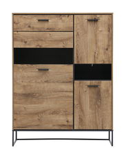 Frontale Ansicht einer modernen Wandkombination aus Holz mit mehreren Schubladen und Türen, auf einem Metallgestell.