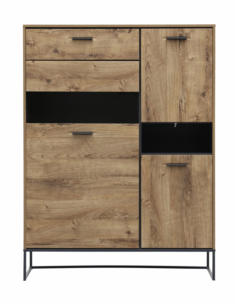 Zurbrüggen Wandkombination MANHATTAN Frontale Ansicht einer modernen Wandkombination aus Holz mit mehreren Schubladen und Türen, auf einem Metallgestell.