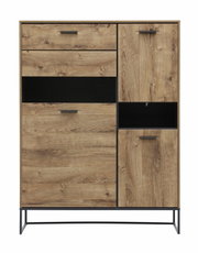 Frontale Ansicht einer modernen Wandkombination aus Holz mit mehreren Schubladen und Türen, auf einem Metallgestell.