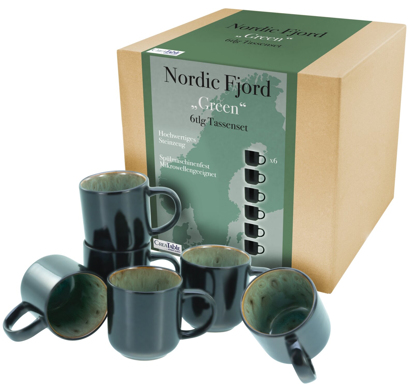 Verpackung des CreaTable Nordic Fjord „Green“ 6-tlg. Tassensets aus Steinzeug mit mehreren grün glasierten Tassen davor, schräg von vorn/oben fotografiert