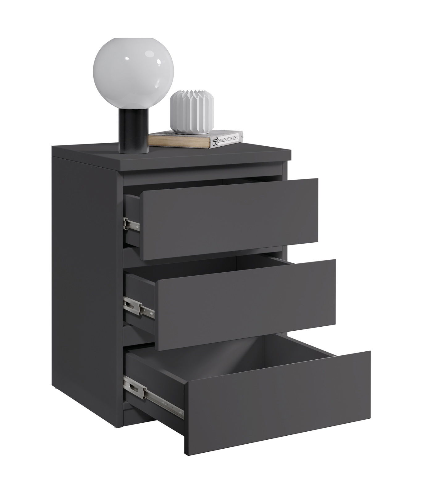 Moderne graue Nachtkommode mit drei offenen Schubladen, darauf eine runde Lampe und Bücher, seitliche Perspektive