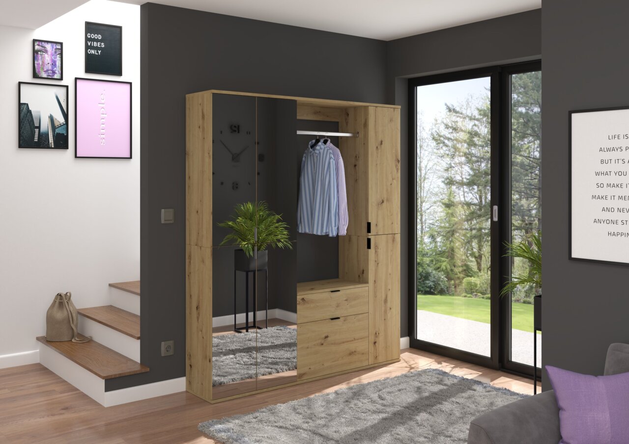 MID.YOU Garderobenkombination PROJEKT X Garderobenkombination aus Holz mit Spiegel, Kleiderstange und Schubladen, seitliche Perspektive