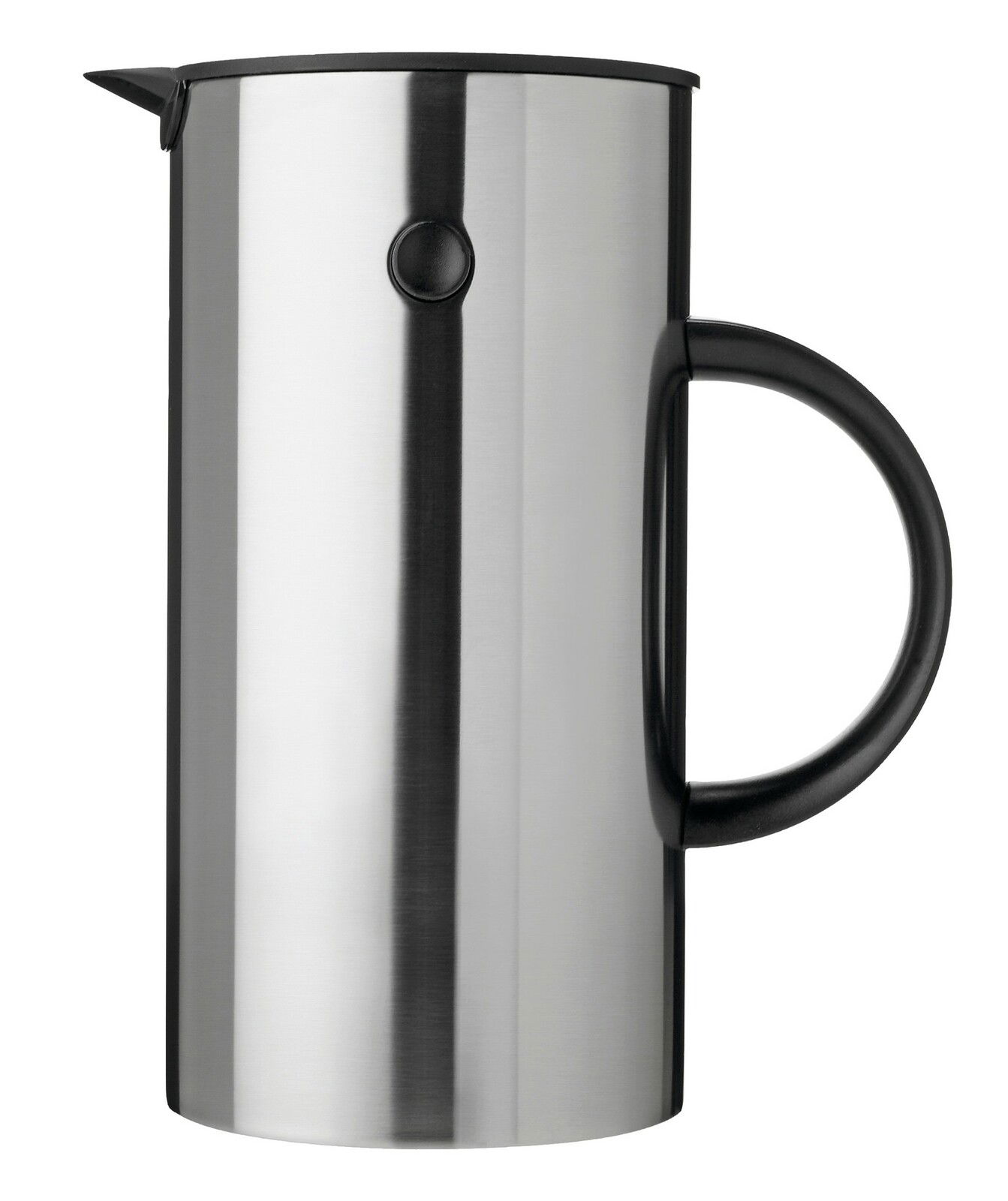 Isolierkanne aus Stahl mit schwarzem Griff, seitliche Perspektive