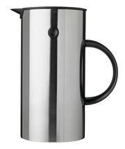 Isolierkanne aus Stahl mit schwarzem Griff, seitliche Perspektive