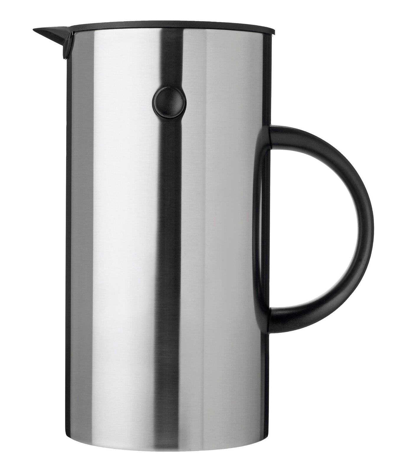 Isolierkanne aus Stahl mit schwarzem Griff, seitliche Perspektive