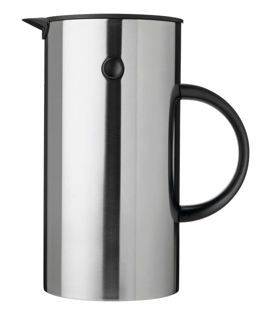 Isolierkanne aus Stahl mit schwarzem Griff, seitliche Perspektive