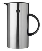 Isolierkanne aus Stahl mit schwarzem Griff, seitliche Perspektive