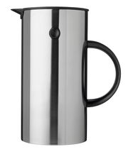 Isolierkanne aus Stahl mit schwarzem Griff, seitliche Perspektive