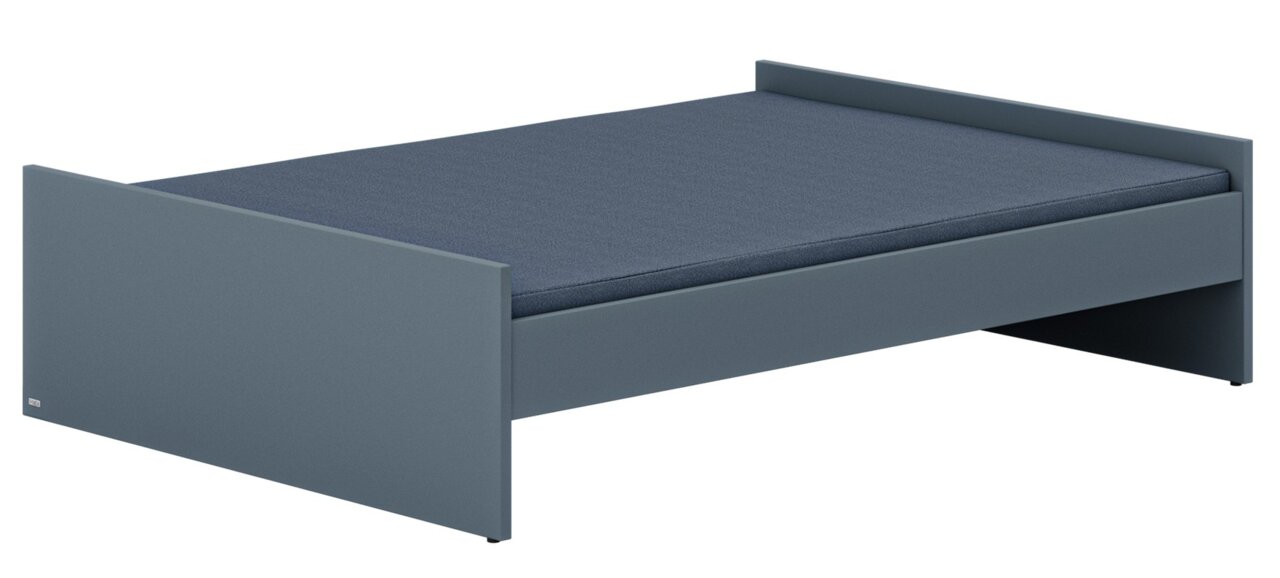 Modernes Bodenbett in Dunkelgrau, seitliche Perspektive