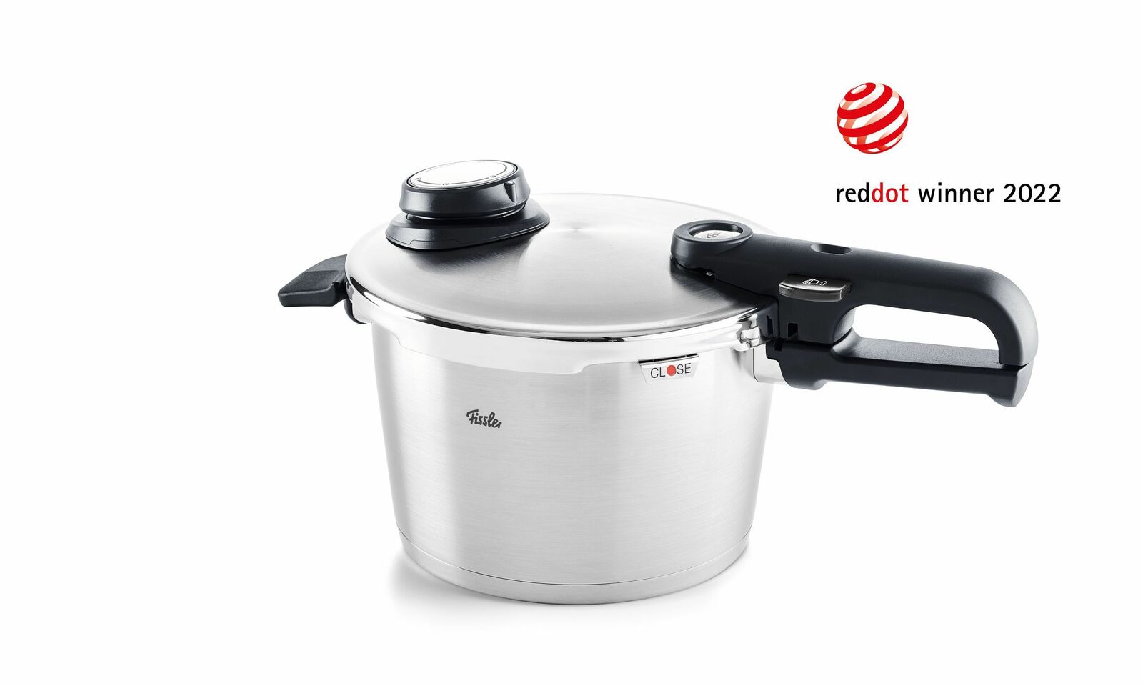 Schnellkochtopf aus Edelstahl mit schwarzem Griff, seitliche Perspektive, Gewinner des Red Dot Design Awards 2022