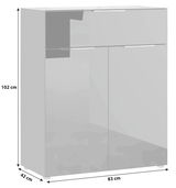 Kommode in moderner Frontansicht mit zwei Türen und einer Schublade, Maße: 102 cm hoch, 83 cm breit, 42 cm tief.