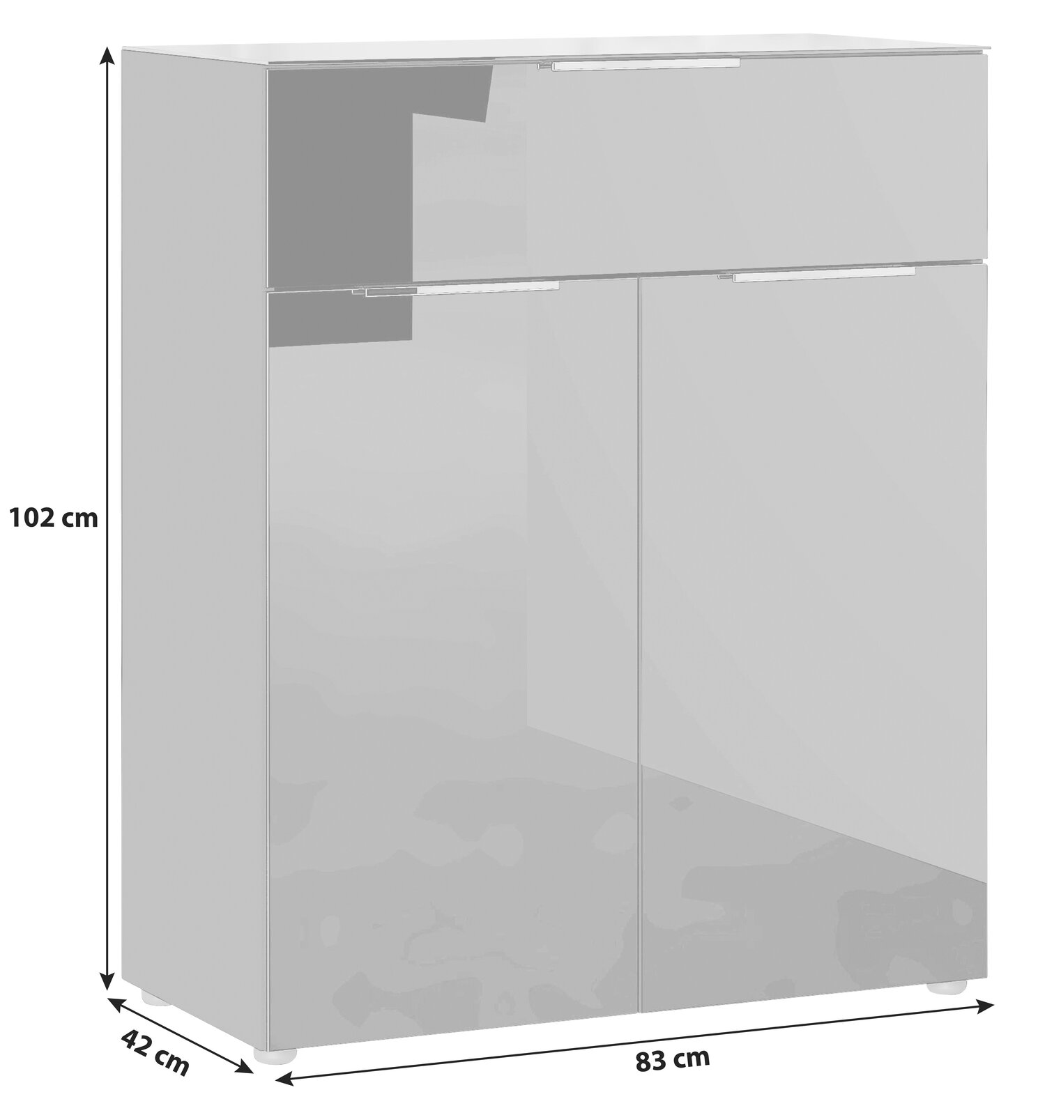 Kommode in moderner Frontansicht mit zwei Türen und einer Schublade, Maße: 102 cm hoch, 83 cm breit, 42 cm tief.