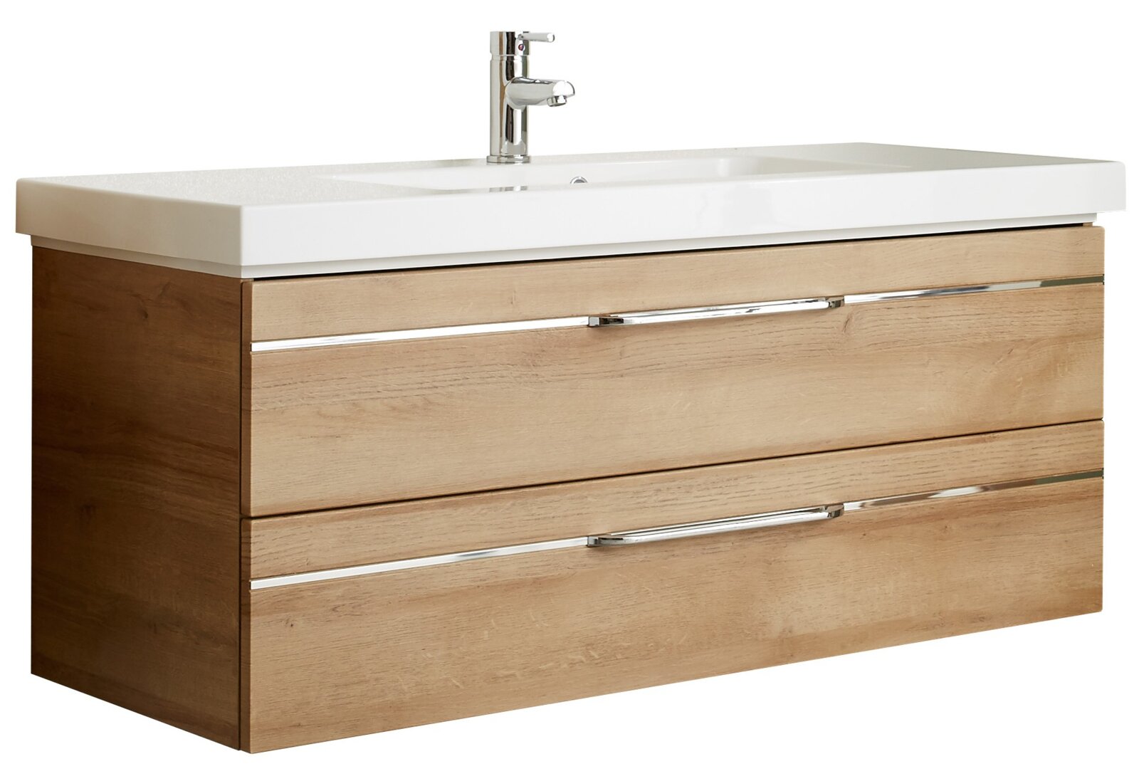 Waschtischlösung aus Holz mit zwei Schubladen und weißem Waschbecken, seitliche Perspektive