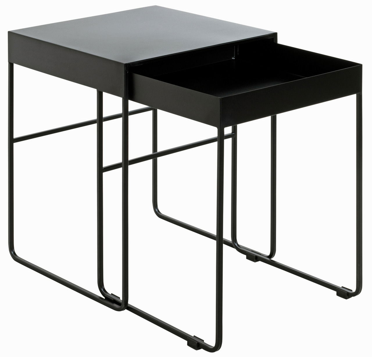Zweier-Set von modernen, schwarzen Beistelltischen aus Metall, ineinander verschachtelt, seitliche Perspektive