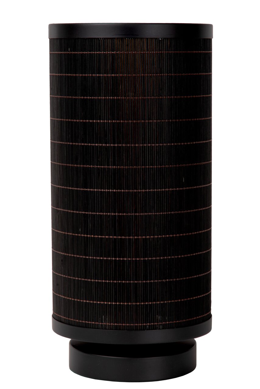 Zylindrische Tischlampe mit schwarzem, geripptem Schirm, seitliche Perspektive