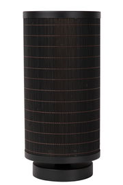 Zylindrische Tischlampe mit schwarzem, geripptem Schirm, seitliche Perspektive