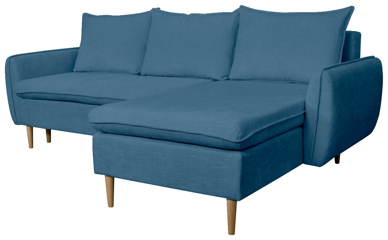 Blaue Rundecke mit Holzfüßen, Perspektive von vorne rechts