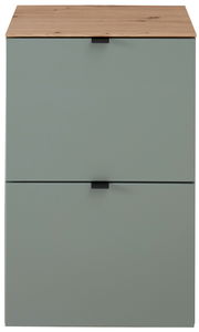 Frontansicht eines schmalen Hängeschuhschranks mit zwei Klappen in grauer Farbe und einer Holzoberfläche.