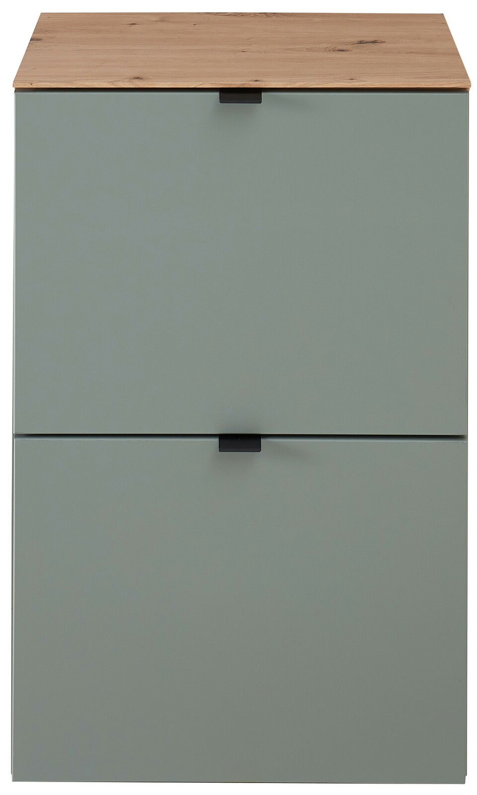 Frontansicht eines schmalen Hängeschuhschranks mit zwei Klappen in grauer Farbe und einer Holzoberfläche.